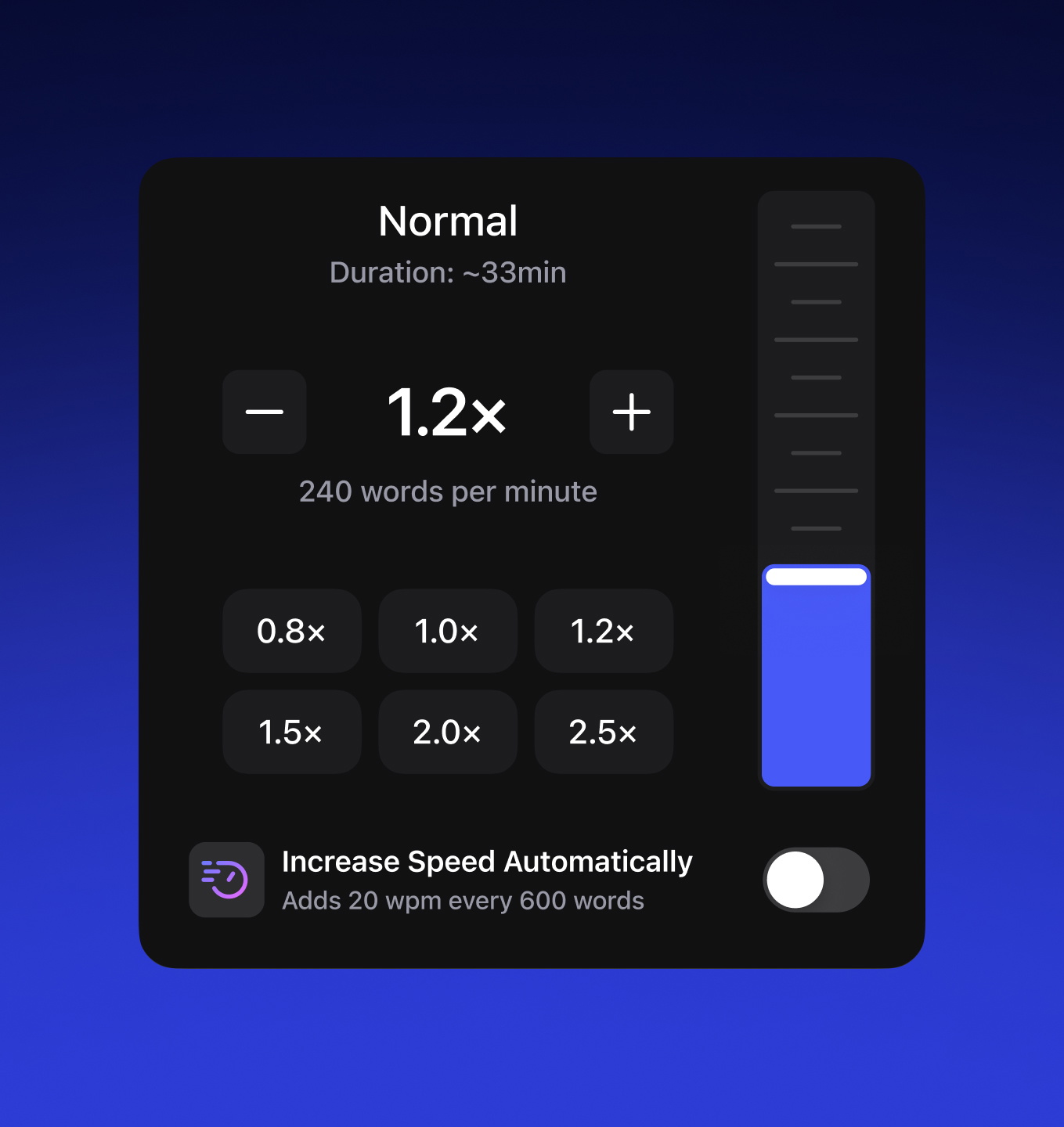 Listening speed control panel showing 1.2x playback and options up to 2.5x