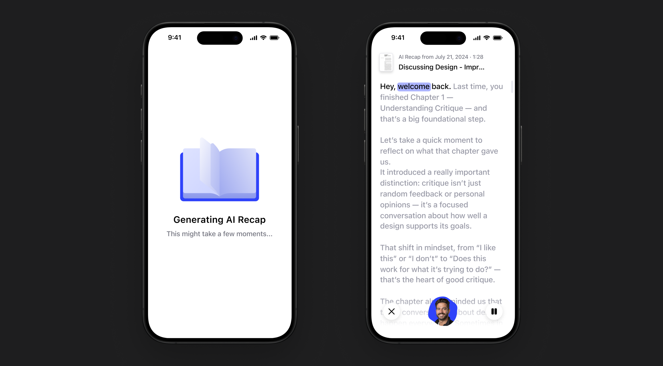 Two phones showing an AI recap screen and a summarized article with highlighted text