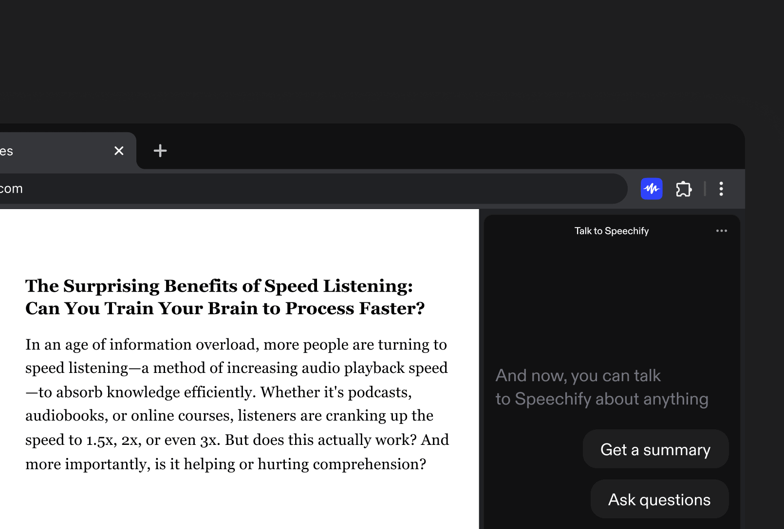 Browser with an article open and a Speechify side panel offering summary and question buttons