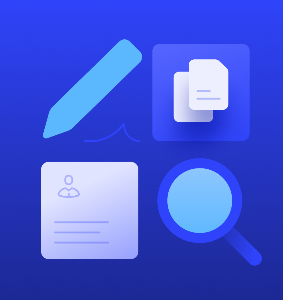 Abstract icons for writing, documents, profiles and search on a blue background