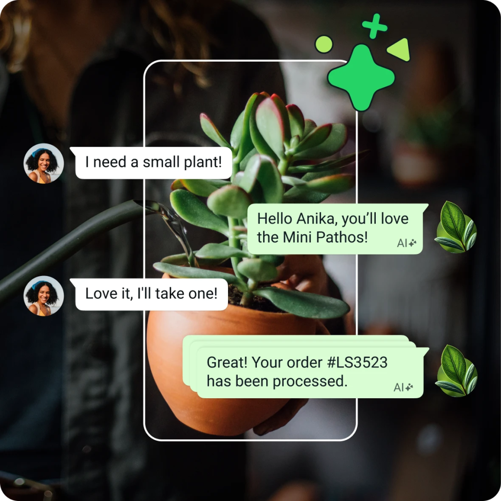 Business AI conversation overlayed on a Mini Pathos plant