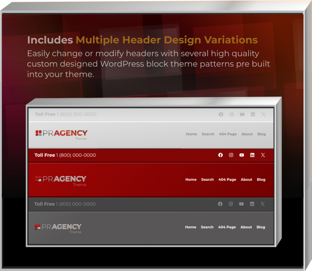PR Agency HTML5 WordPress Block Theme - Includes 6 total header design variations