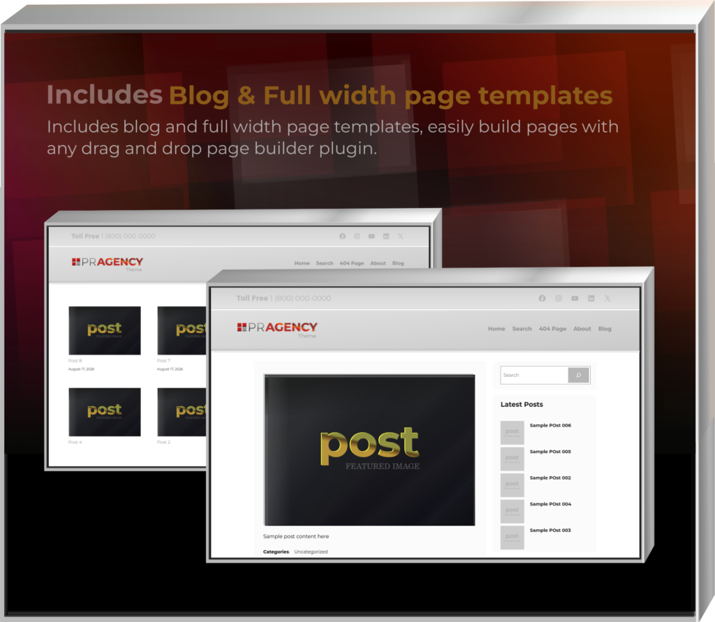 PR Agency HTML5 WordPress Block Theme - Includes WordPress blog and Full Width page templates