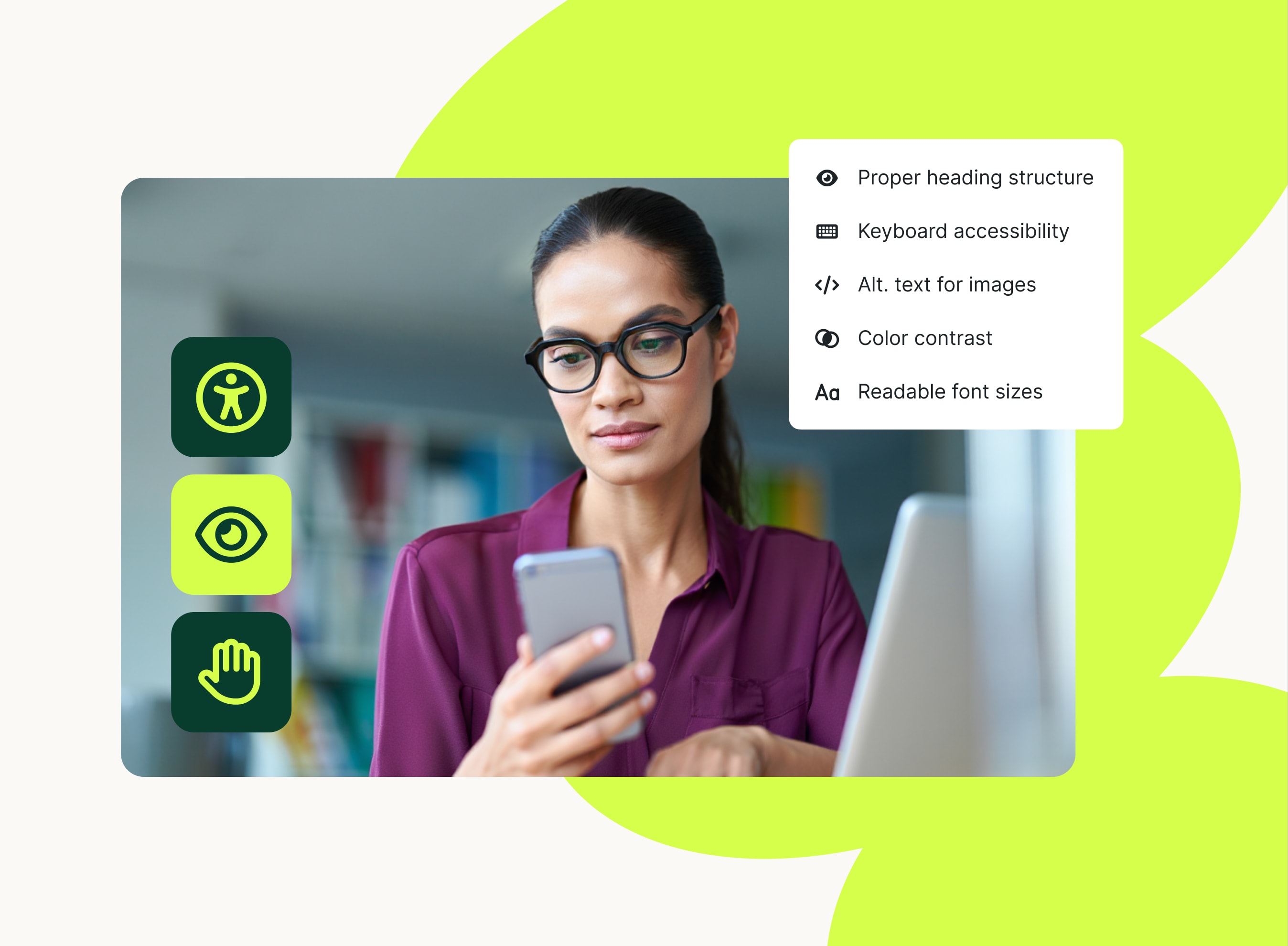 A woman looks at a phone, with overlays of icons representing accessibility