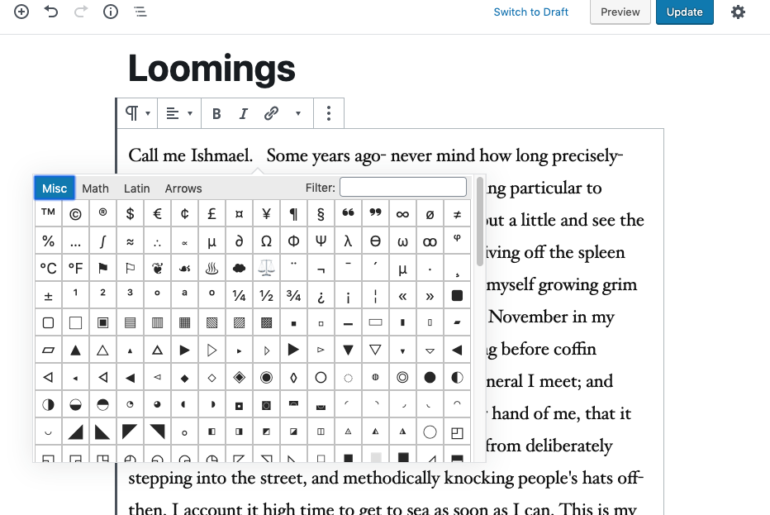 Insert Special Characters Вставити спецсимволи в статтю WordPress