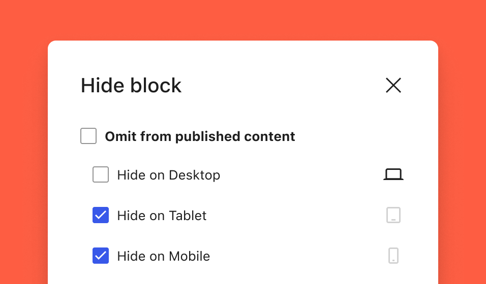 Screenshot of a block-hiding dialog, showing checkboxes for showing and hiding on mobile, tablet, and desktop breakpoints.