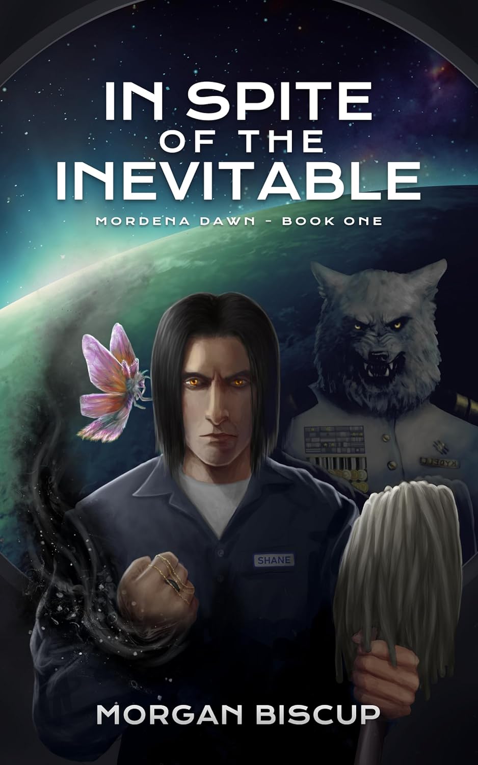 The cover of Morgan Biscup's science fiction novel In Spite of the Inevitable, which depicts a stone-faced man named Shane in a work uniform holding a mop and clutching jewelry in his clenched fist. A wolf-headed humanoid in a white military dress uniform festooned with medals stands behind him.