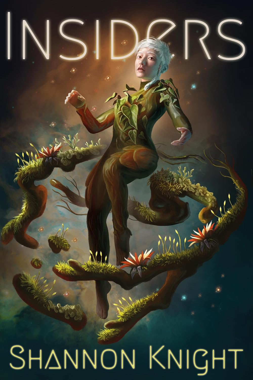 The cover of Shannon Knight's science fiction novel Insiders, which depicts a somber woman with stark white hair wearing a spacesuit made of plant life. She appears to be floating in space and is surrounded by tendrils covered in plants.
