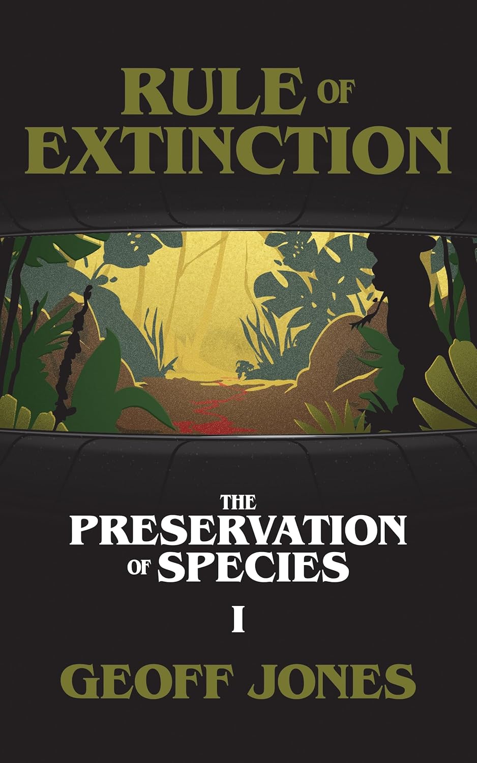 The cover of Geoff Jones' science fiction novel Rule of Extinction, which depicts a window looking out into a view of a lush forest or jungle with colorful flora. A trickle of red in the center could be either a copper-colored stream or blood.