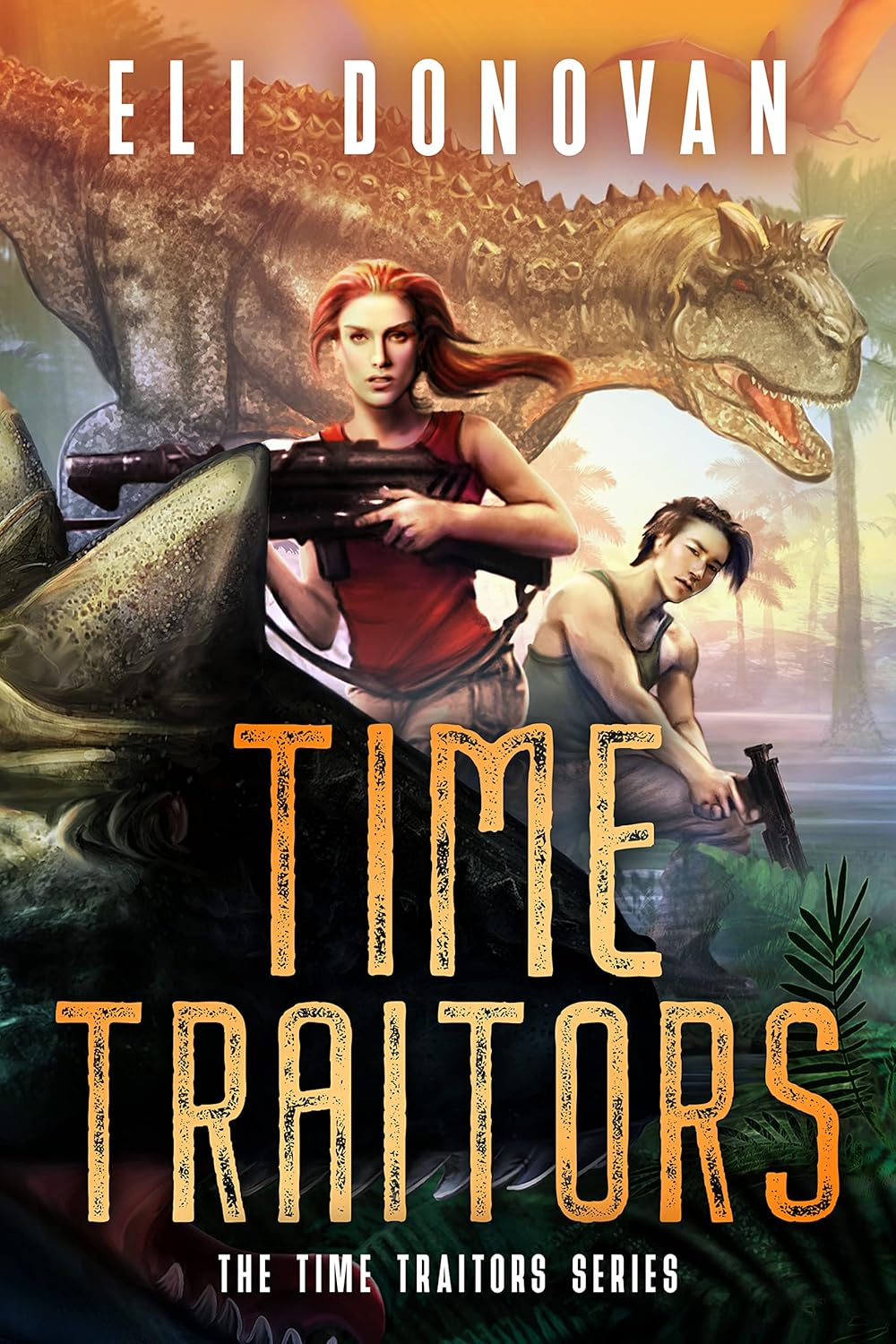 The cover of Eli Donovan's science fiction novel Time Traitors, which depicts an athletic woman and man carrying hefty rifles they probably need, given that they are standing in a jungle with a dinosaur in the foreground that looks like a triceratops and another in the background that's a tyrannosaurus rex.