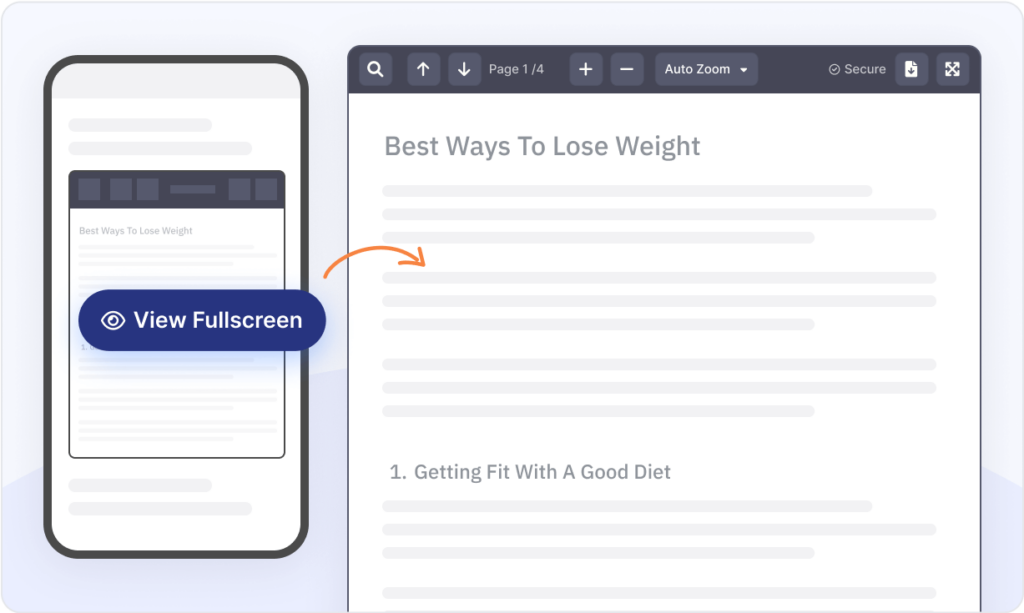 Responsive PDF viewer showing fullscreen mode on mobile and desktop devices for WordPress