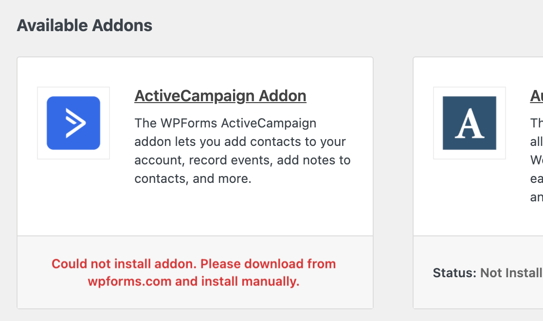 アドオンPHP非互換性 - WPForms アドオンのインストールエラーメッセージ