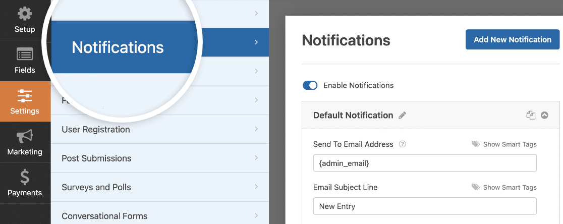 Impostazioni Notifiche - WPForms Accesso alle impostazioni di notifica di un modulo