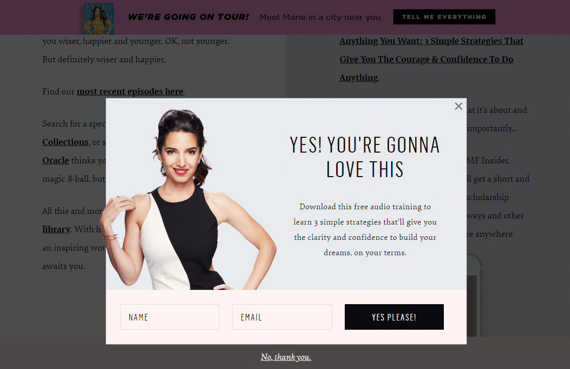 2-step optin example with monsterlinks - WPForms marie forleo lead generation form example 2 step optin