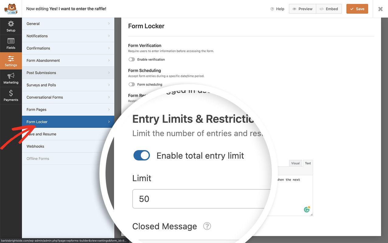 Abilita limite invio modulo - WPForms Attivazione dei limiti di invio del modulo nel componente aggiuntivo Form Locker