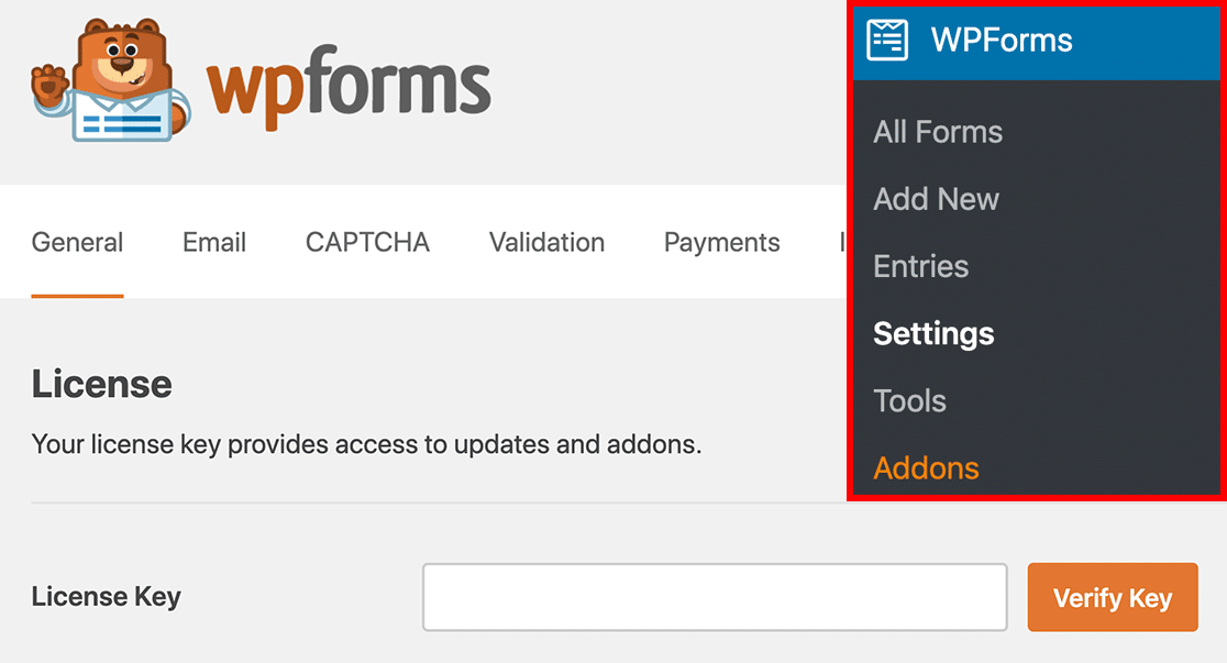 settings license key field - WPForms Verify License Setting