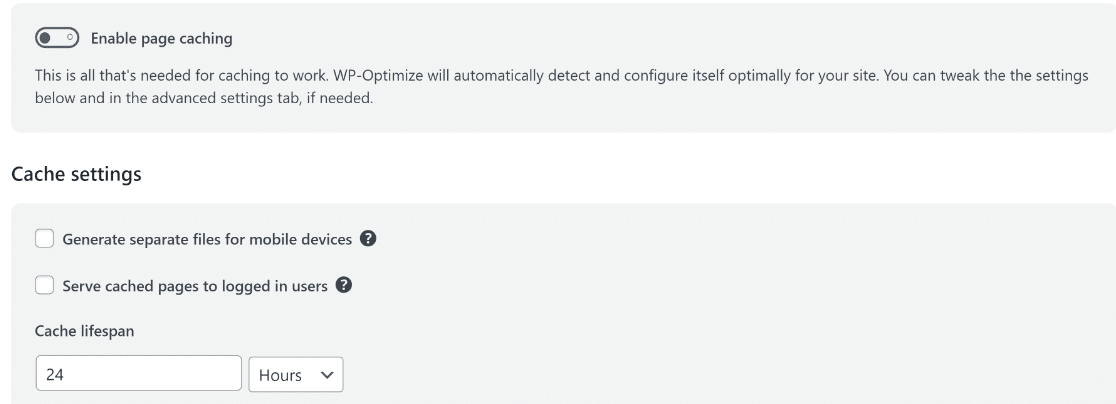WP Optimize Cache Settings - WPForms WP Optimize cache settings
