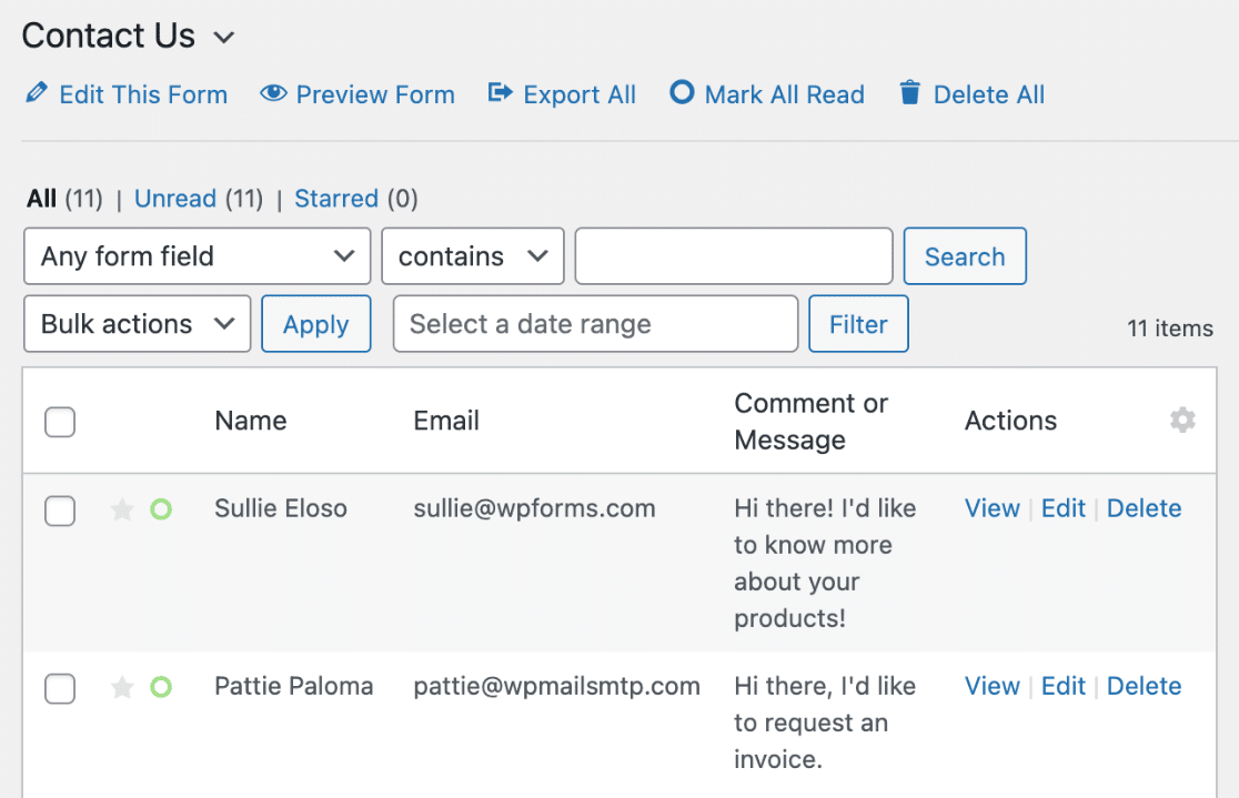 Entries-page - WPForms Invii di moduli in WPForms