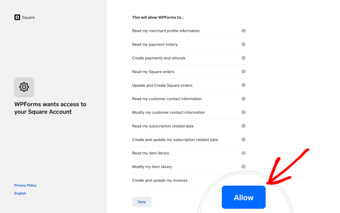 WPForms Square権限 - WPForms WPFormsがSquareアカウントにアクセスすることを許可する