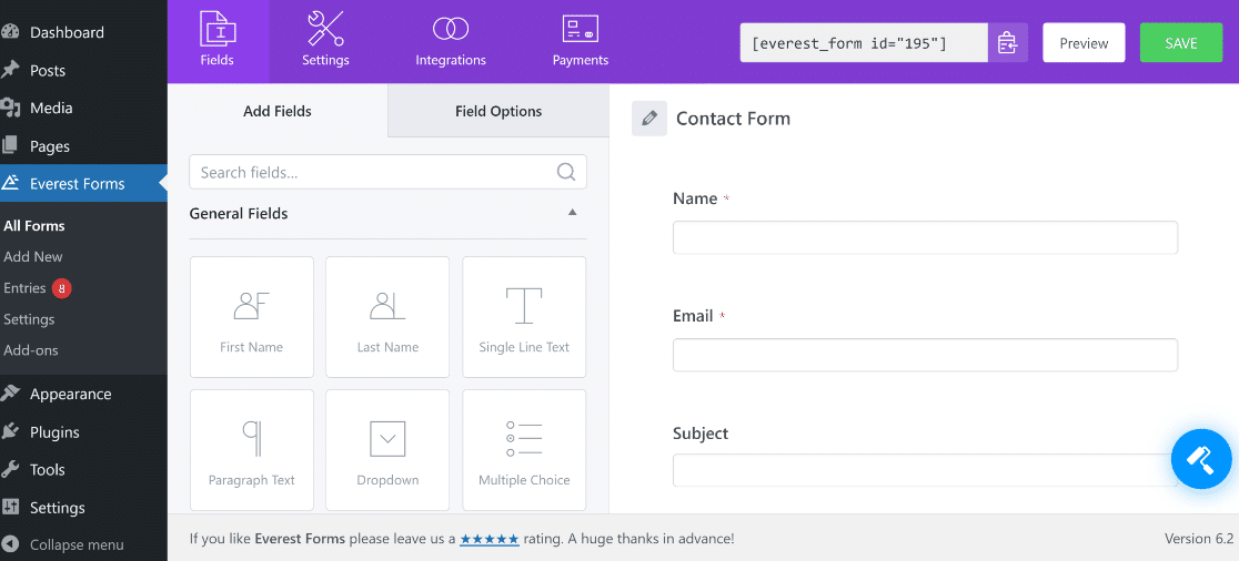 Everest Forms User Interface - WPForms Everest Forms user interface