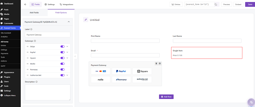 Screenshot of a form builder UI (Everest Forms) with fields for first name, last name, email, and a single item price on the right panel and payment gateway logos in the center panel.