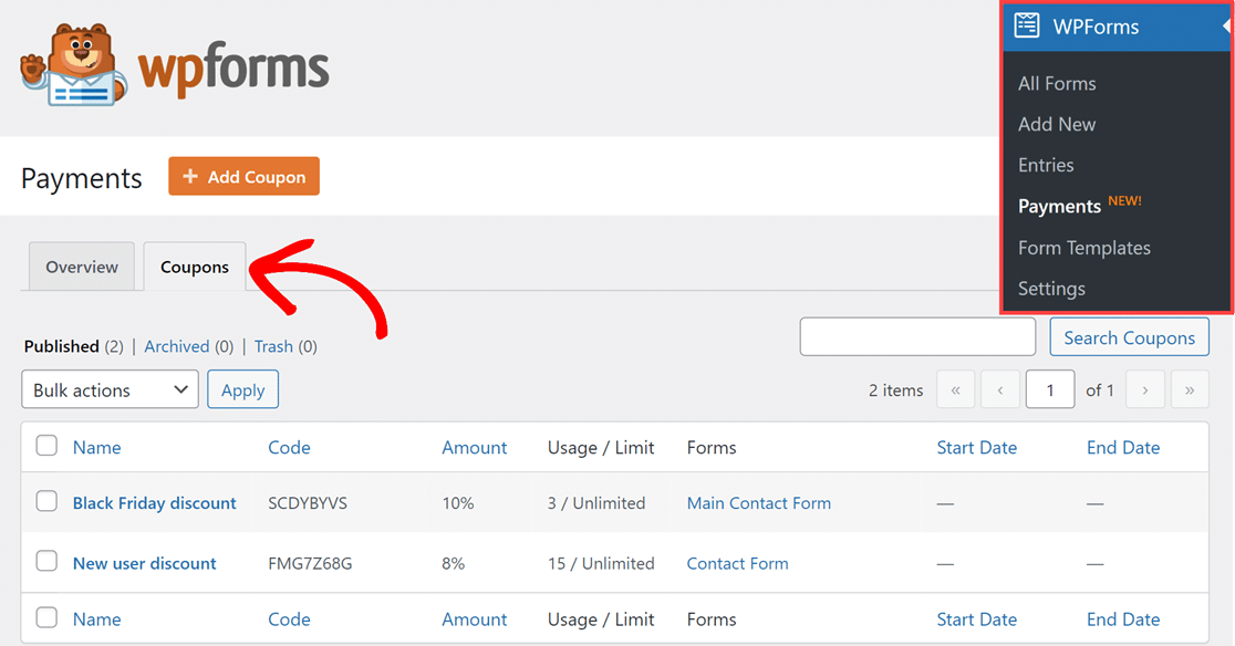 Onglet Coupons Page Paiements - WPForms Onglet Coupons dans la page Paiements
