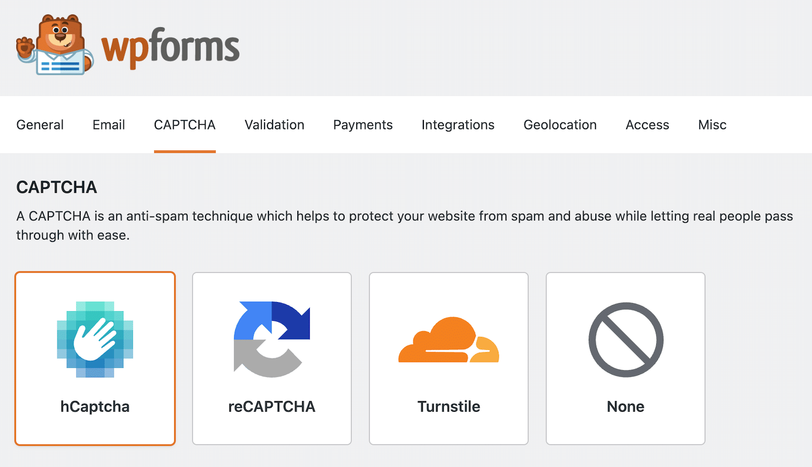 Opzioni di protezione antispam in WPForms