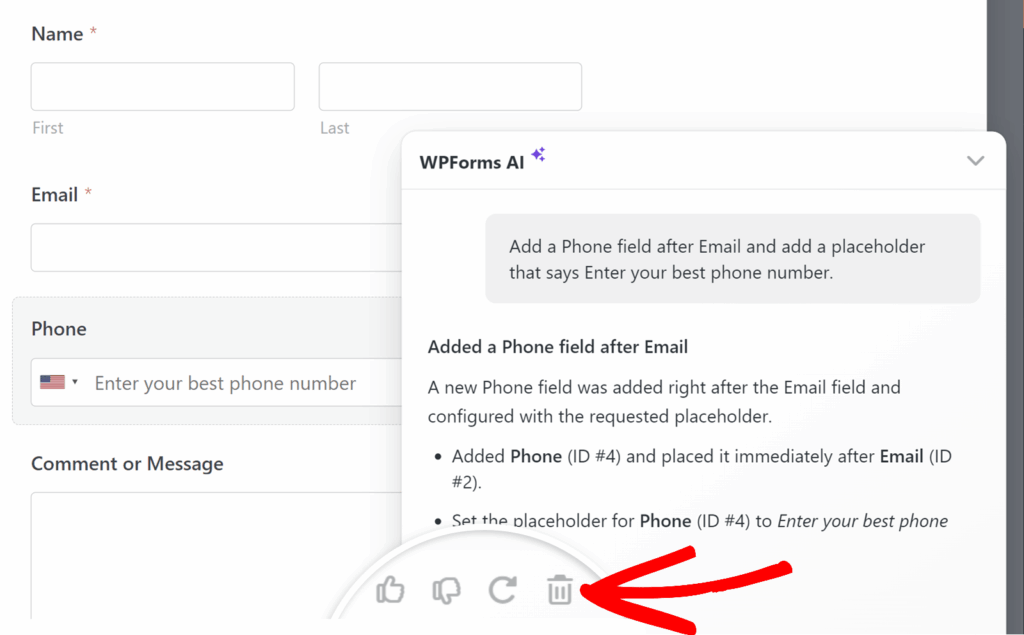 Form with fields for Name, Email, and a Phone placeholder added after Email; a WPForms AI tip overlay appears nearby.
