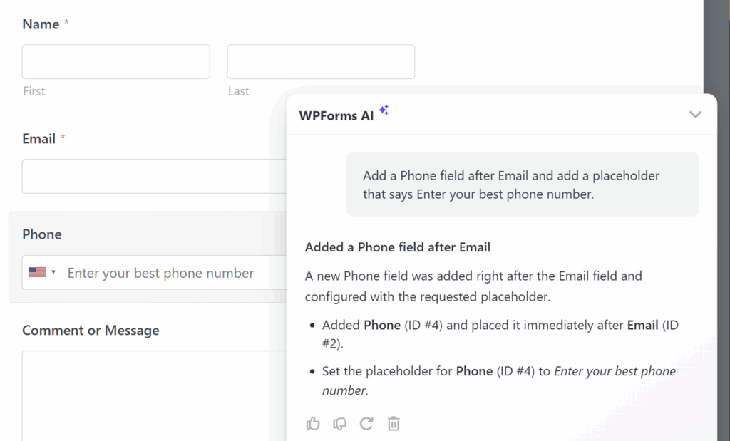 Screenshot of a web form with Name, Email, Phone, and Message fields; a WPForms AI help dialog overlays the form, describing adding a Phone field after Email.