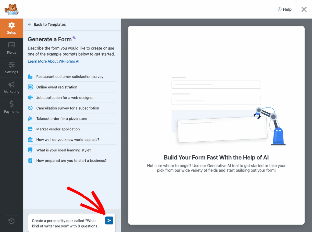 wpforms ai prompt input