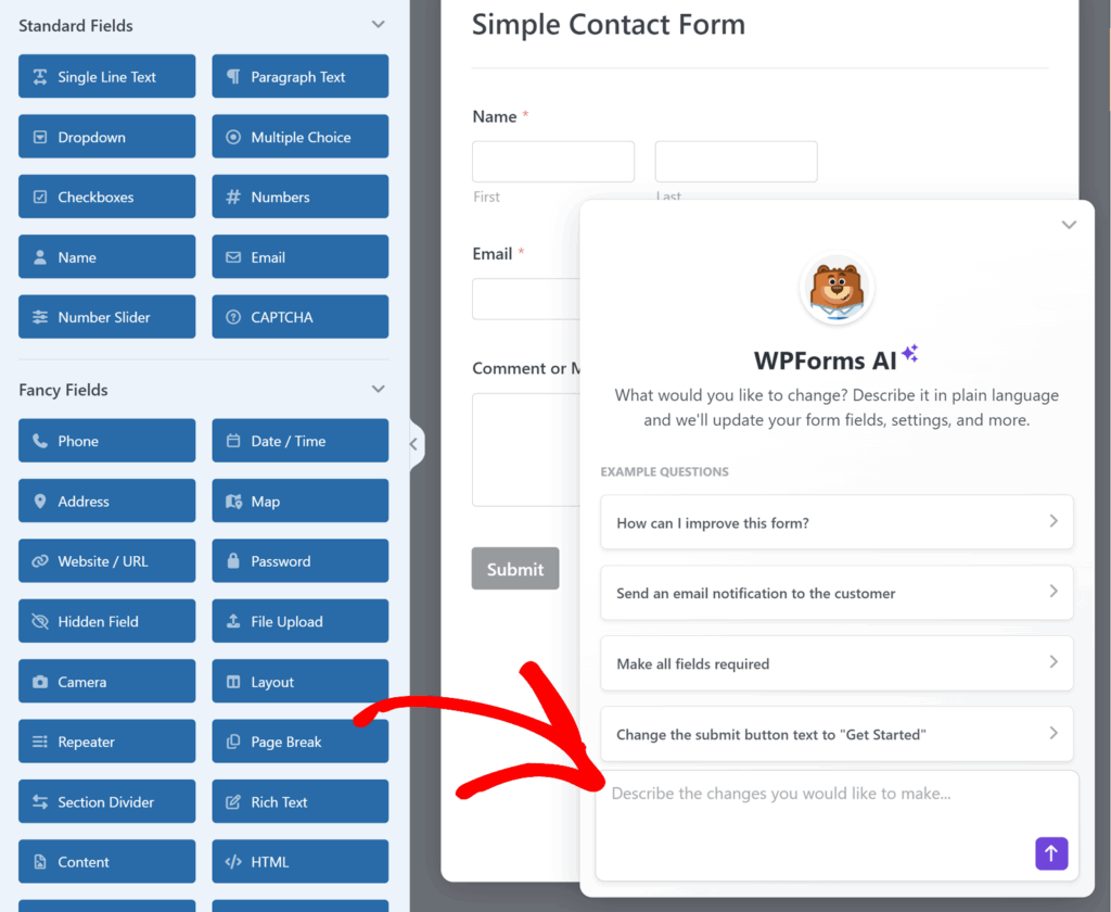 WPForms AI Smart Edit chat panel
