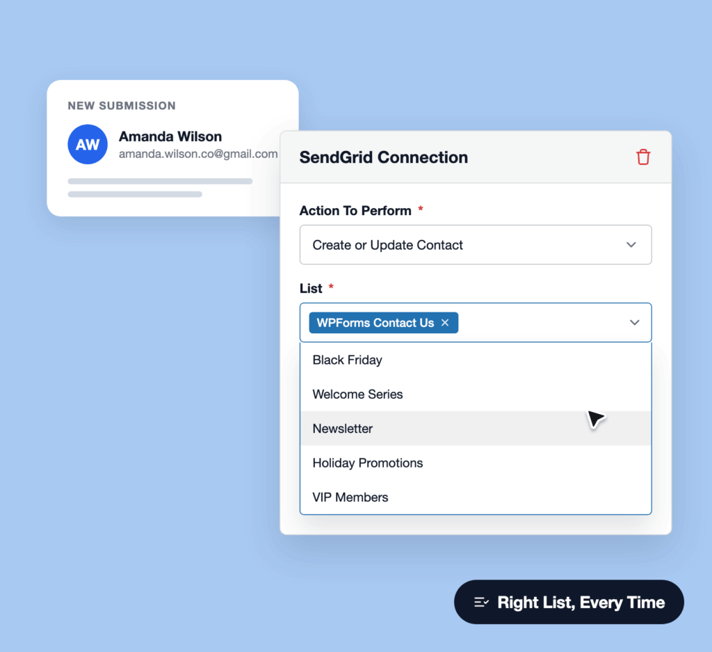 Illustration of a New Submission card beside a SendGrid Connection form with a contact list dropdown and listed options on a blue background.