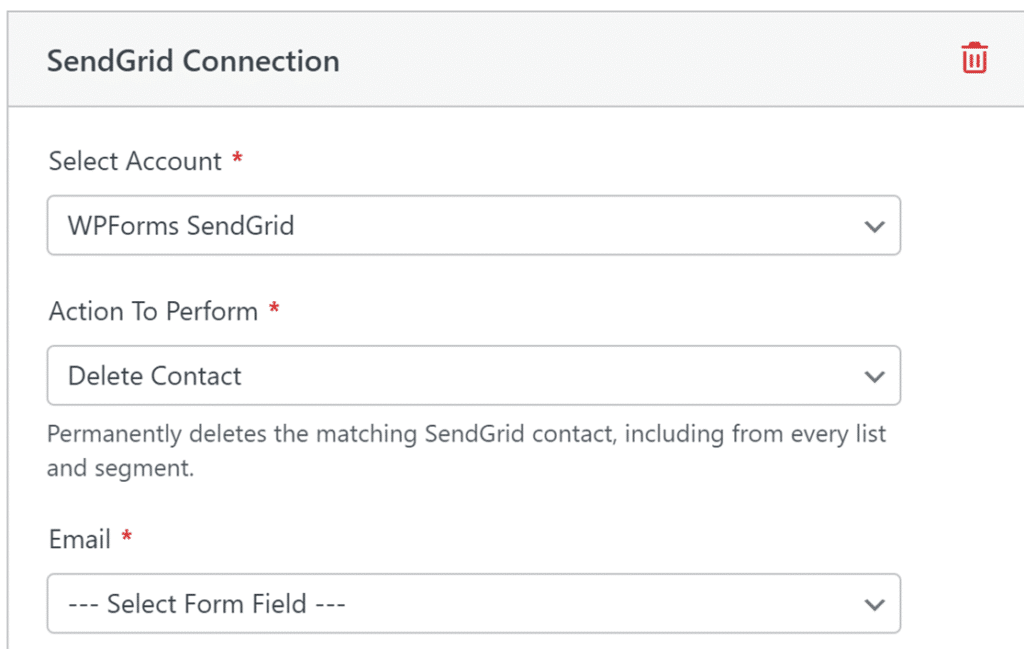 SendGrid Connection panel to delete a contact: select account, action (Delete Contact), and email field with permanent deletion note.