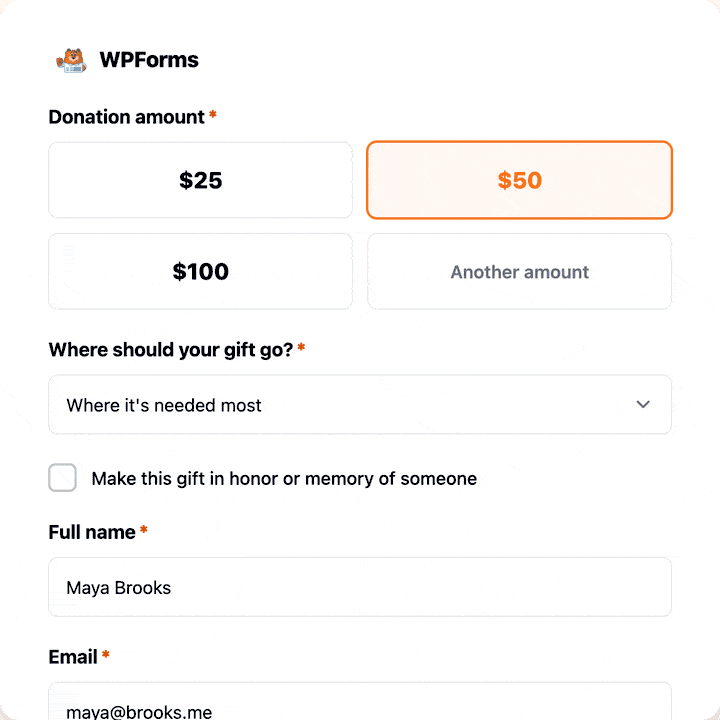 onestripe donation - WPForms Animated WPForms Stripe donation form with preset amount tiles
