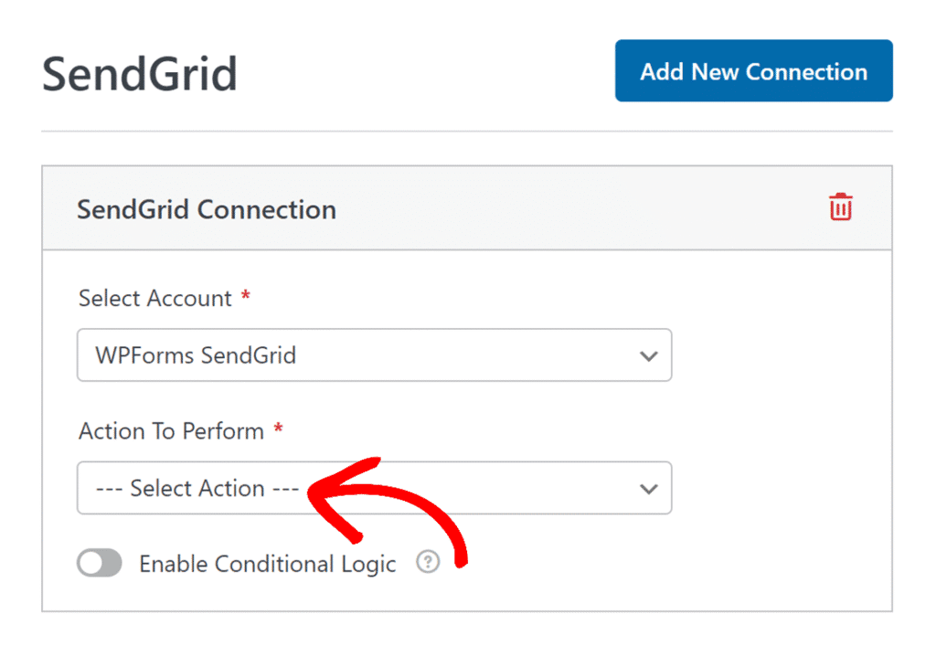 SendGrid Connection panel: select an account, choose an action, and optionally enable conditional logic.