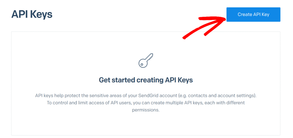 Button labeled Create API Key on a dashboard for generating API credentials, with explanatory content below titled 'Get started creating API Keys' and a key icon above text.
