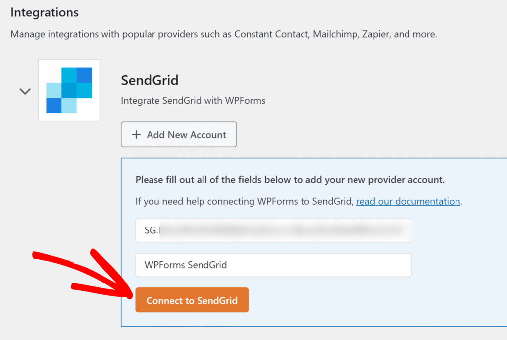 Connect to SendGrid button to authorize the WPForms integration