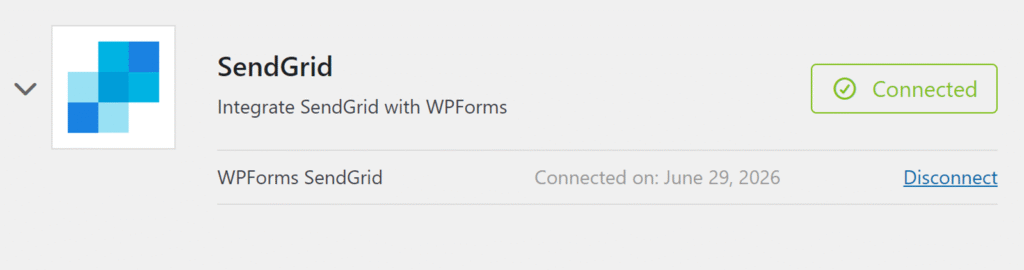 SendGrid integration card for WPForms, showing a Connected status and Disconnect option.