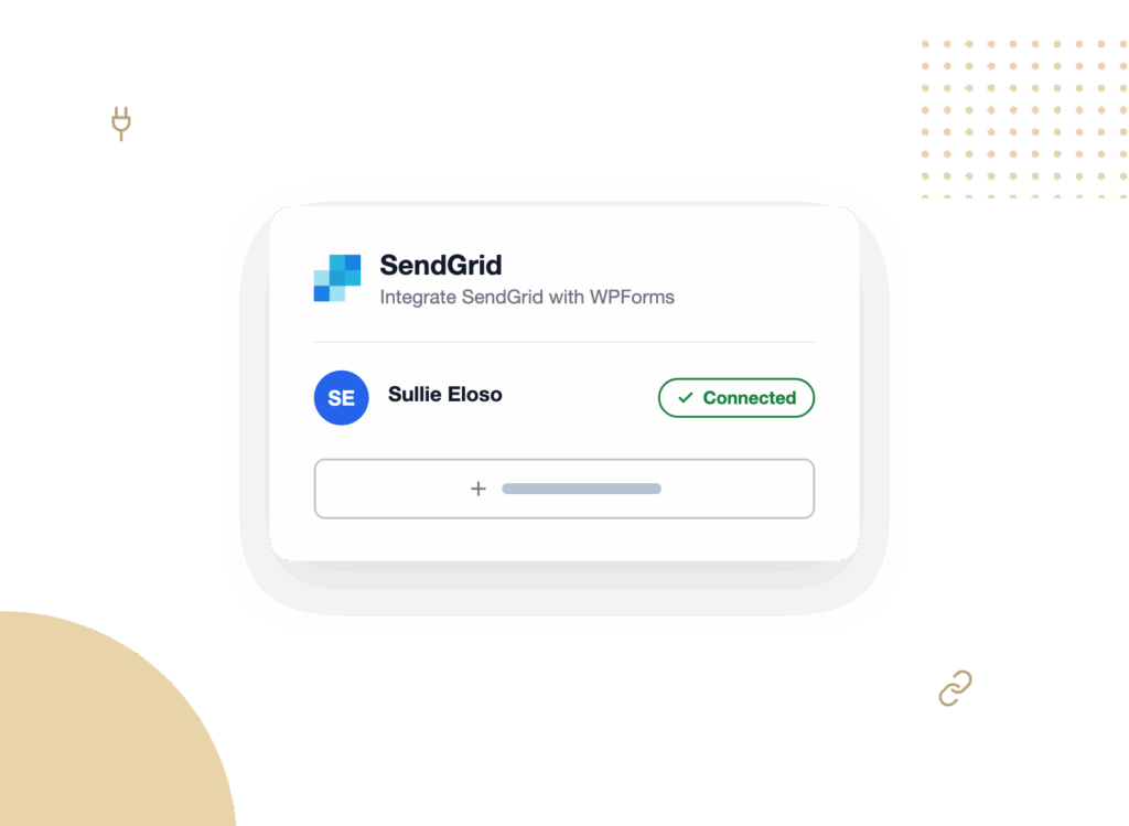 tab3-agency-connect - WPForms Dialog showing SendGrid integration with WPForms; user Sullie Eloso is Connected (green check).