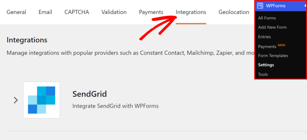 WPForms Integrations page with a SendGrid integration card and a right-side menu panel.