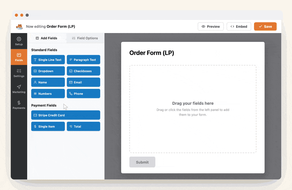 WPForms build a Stripe form in minutes - WPForms Animated WPForms form builder: dragging Name, Email, and Stripe Credit Card fields into an order form, then saving