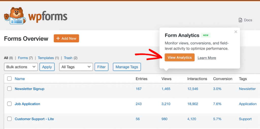 Popup panel titled 'Form Analytics' with description and an orange 'View Analytics' button.