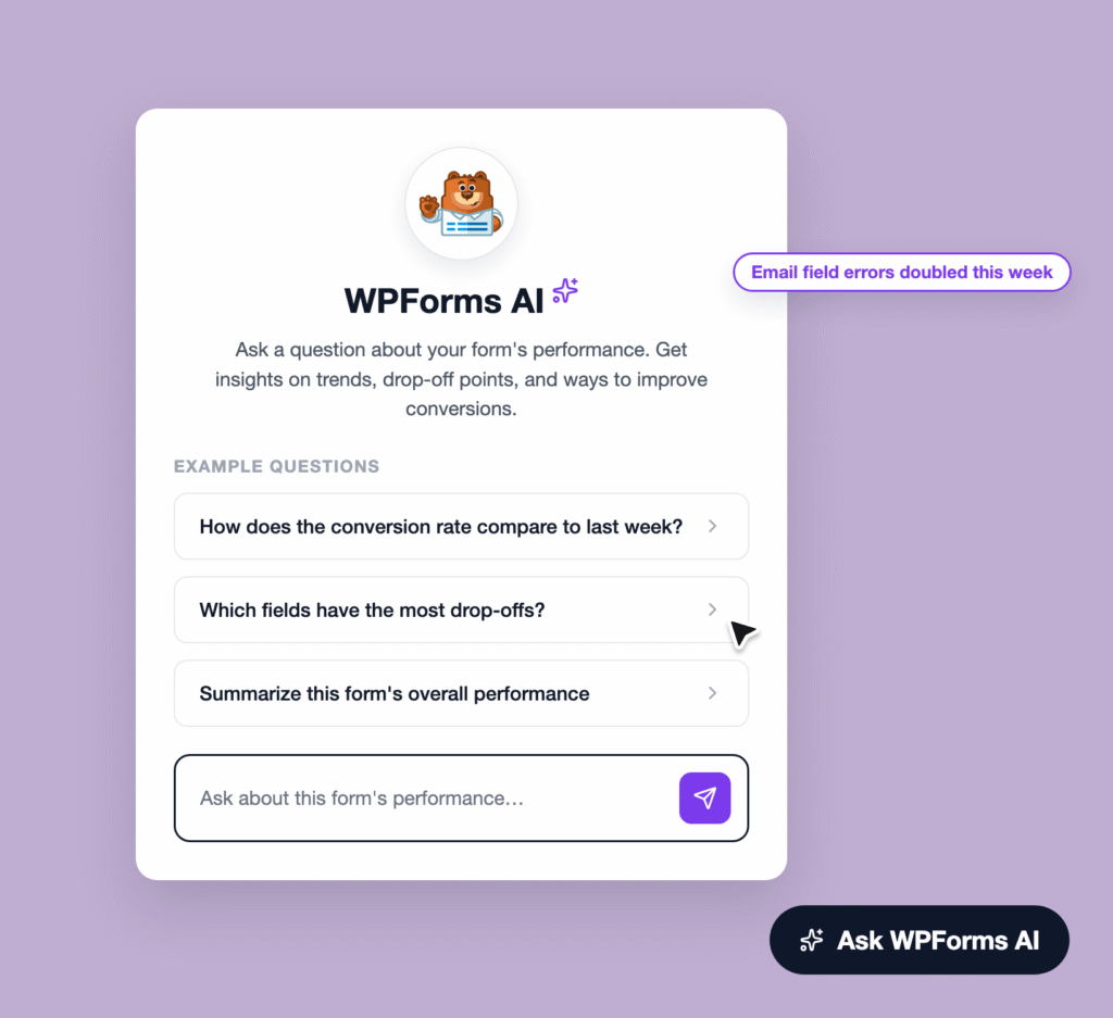 White card on a lavender background showing the WPForms AI hero with a bear mascot, bold title, descriptive text and a list of example questions with a purple 'Ask WPForms AI' CTA.