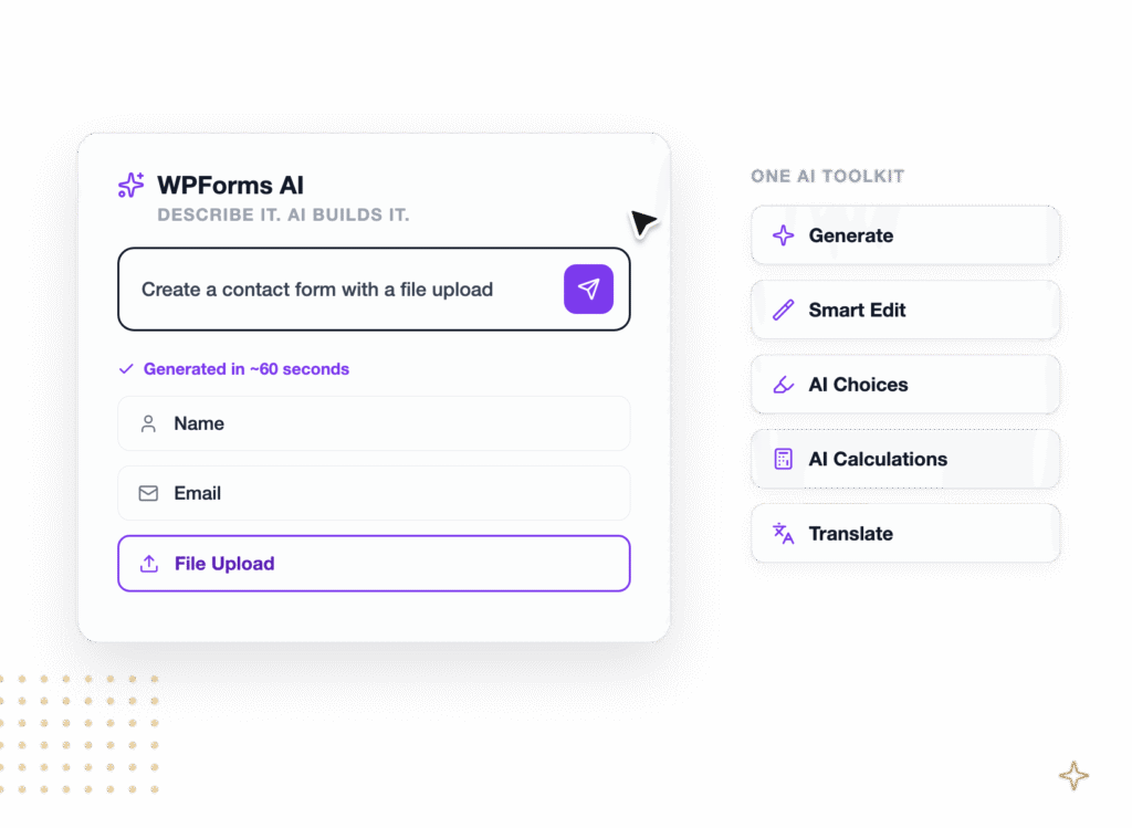 wpforms ai toolkit - WPForms UI mockup: WPForms AI form window with fields for Name, Email, and a purple File Upload button, plus a sample heading and success message on a light card. Right side shows a vertical 'One AI Toolkit' panel with Generate, Smart Edit, AI Choices, AI Calculations, Translate options.