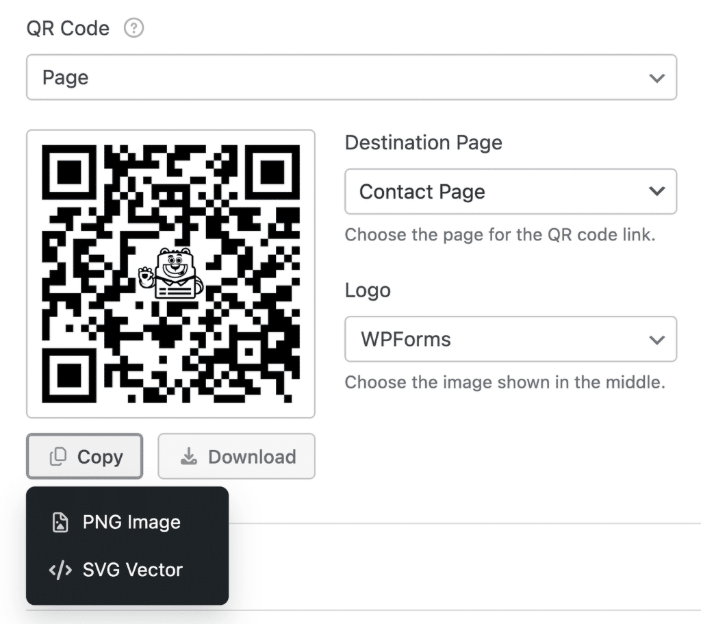 QR code with bear logo; UI panel set to Destination Page: Contact Page.
