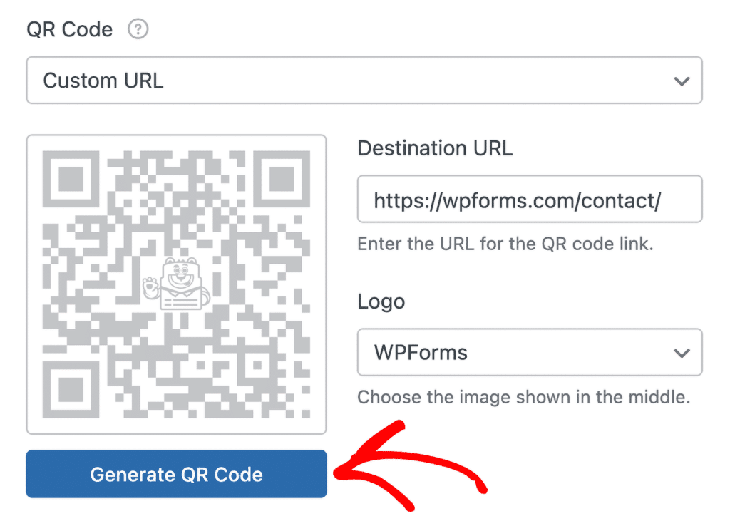 QR Code generator UI: shows a QR image to the left and a form for Destination URL with a blue Generate QR Code button below.