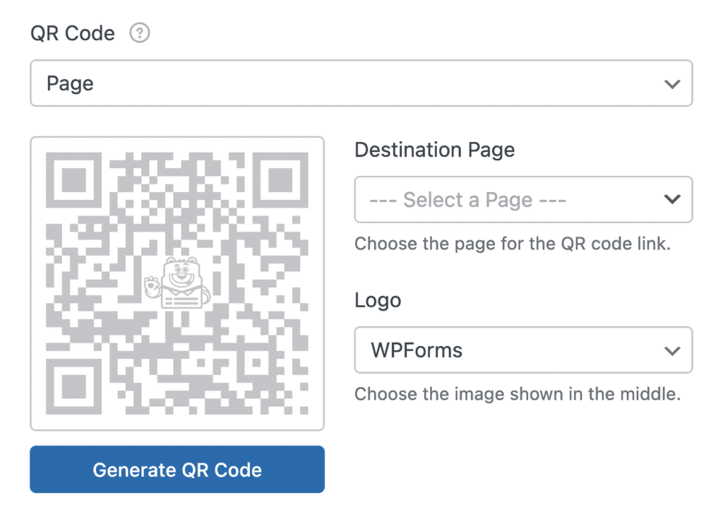 QR code preview with a small bear watermark, shown beside a form to generate a QR code (Destination Page and Logo options).