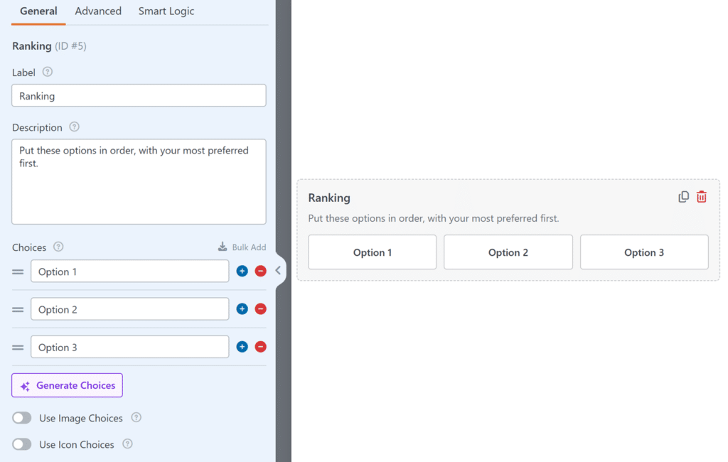 Interface for creating a Ranking question: left editor shows label'Ranking', description 'Put these options in order, with your most preferred first', and three options; right shows a live Ranking preview with Option 1–Option 3.