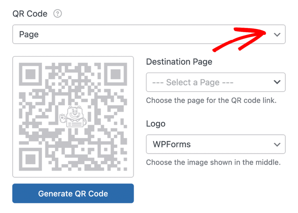 QR Code generator UI: large QR code with panda graphic beside form fields for Destination Page and Logo, plus a Generate QR Code button.