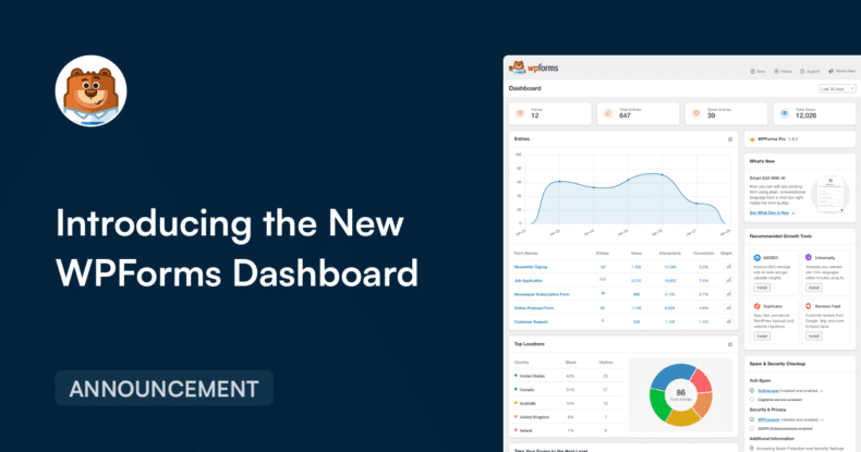 Dunkelblaues Heldenbild mit einem kreisförmigen Bärenlogo links, einer großen Überschrift „Das neue WPForms-Dashboard vorstellen“ und einem ANKÜNDIGUNGS-Badge; rechts ist ein Mockup des Dashboards sichtbar.